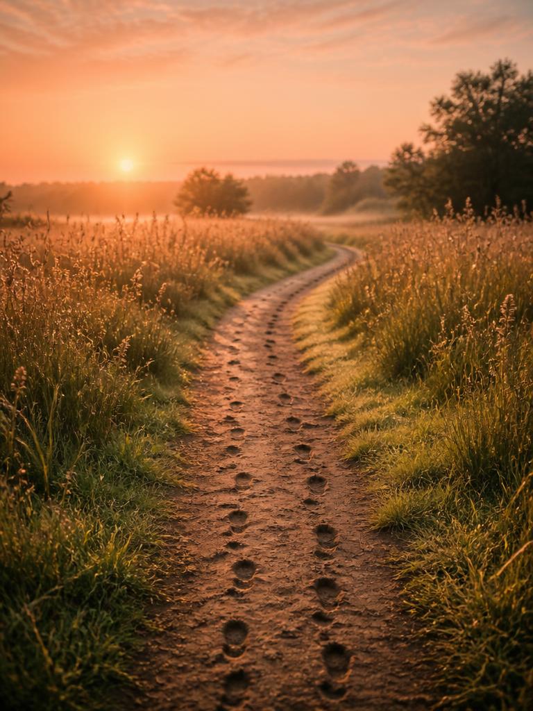 A winding path through golden meadow grass at sunrise with footprints side by side